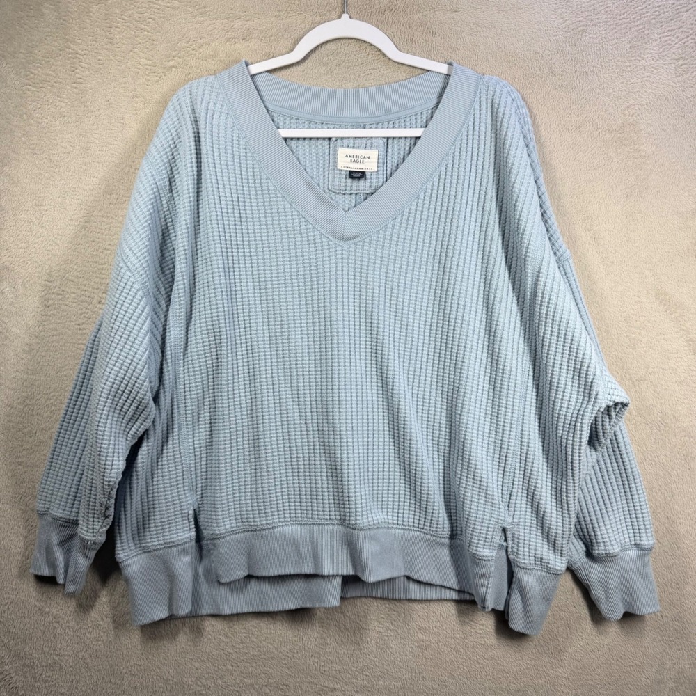 American Eagle Waffle Knit Top Womens M Blue Oversized V-Neck Pullover